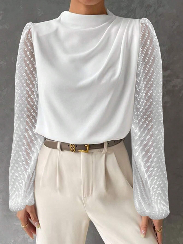Women Mock Neck Mesh Long Sleeve Elegant Blouse