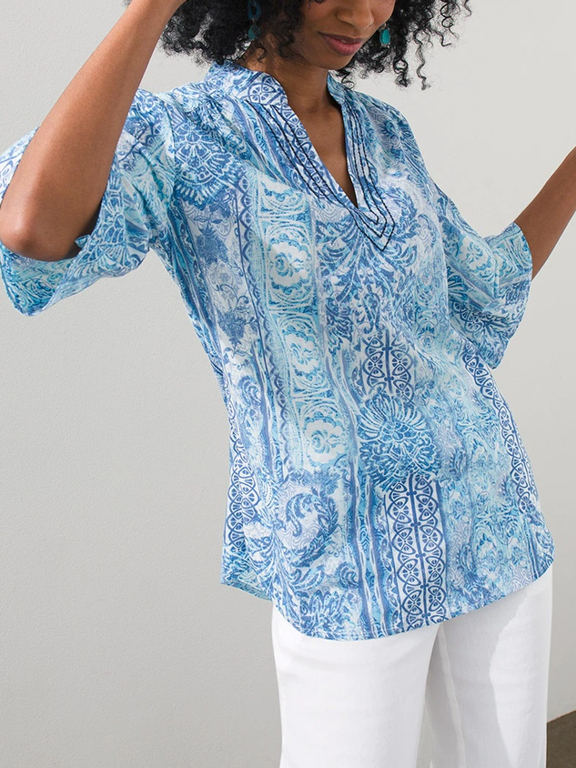 JFN V Neck Tribal Vacation 3/4 Sleeve Boho Blouse