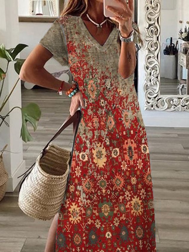 Ethnisch Lässig Retro V-Ausschnitt A-Linien Schlitz Kurzarm Kleid