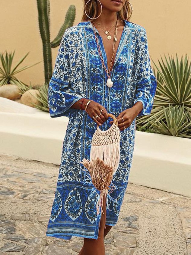 5 Farben Sommer Bohemien Stil V-Ausschnitt Sexy Print Weberei Kleid