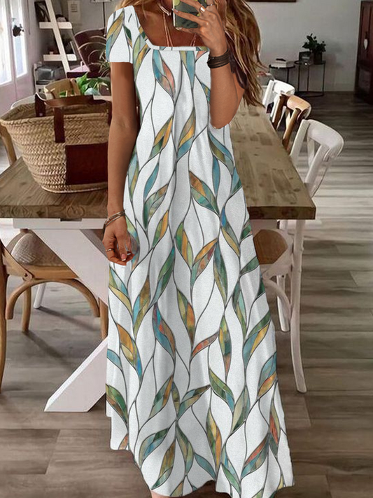 Print Lässig Karree-Ausschnitt Kurzarm Kleid