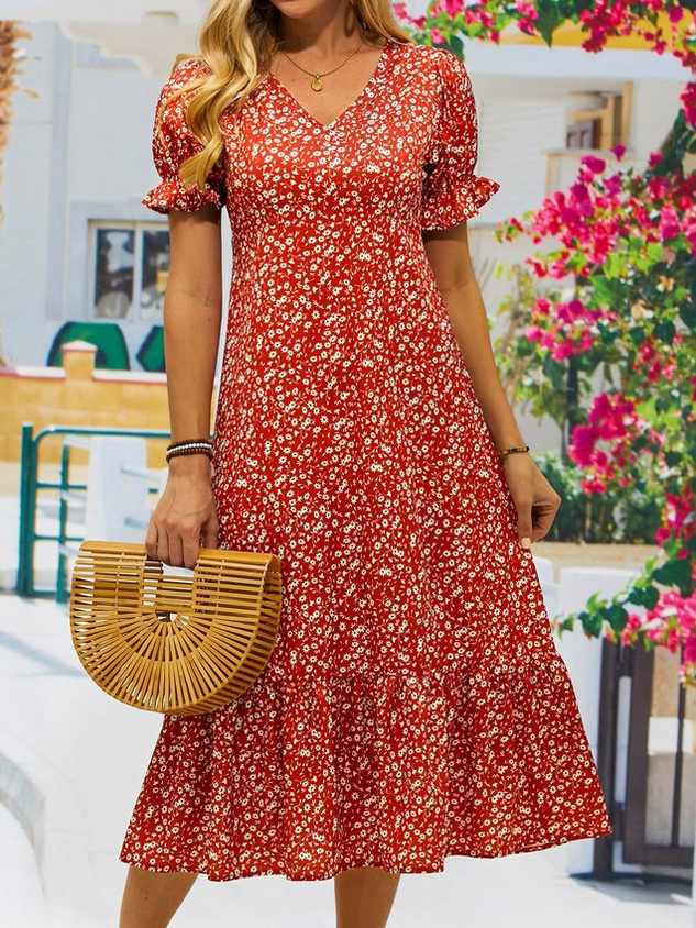 Ditsy Floral Women's Fashion Summer Pleated Holiday Sexy Big Swing Dress
