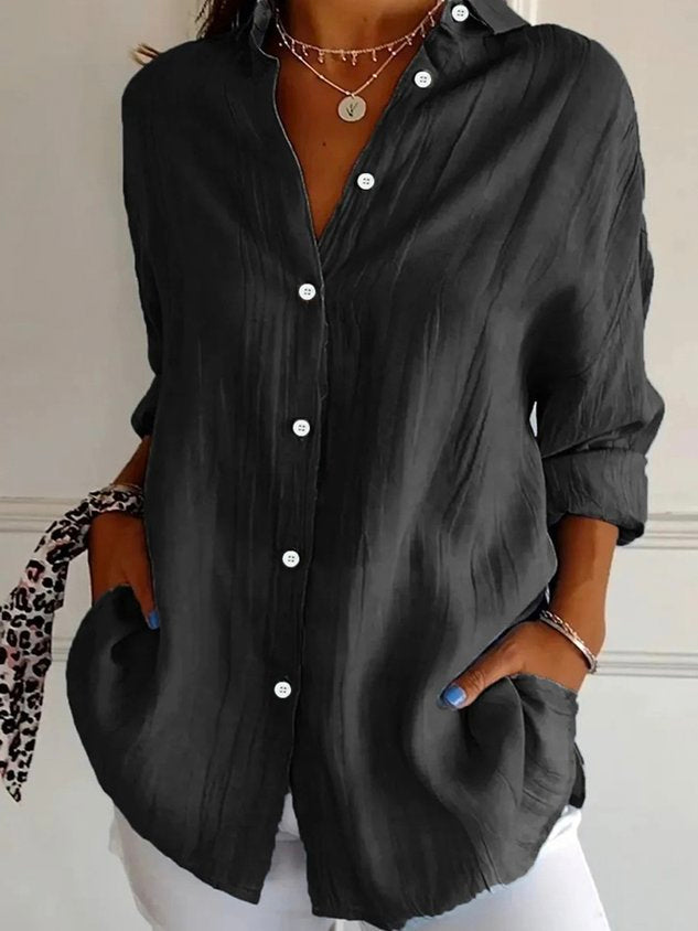 Women's Long Sleeve Shirt Spring/Fall Plain Cotton Shirt Collar Daily Going Out Casual Top Black