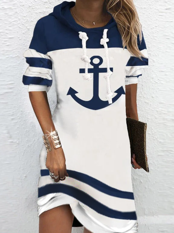 JFN Boat Anchor Printed Casual Long Sleeve Hooded Nautical Dress