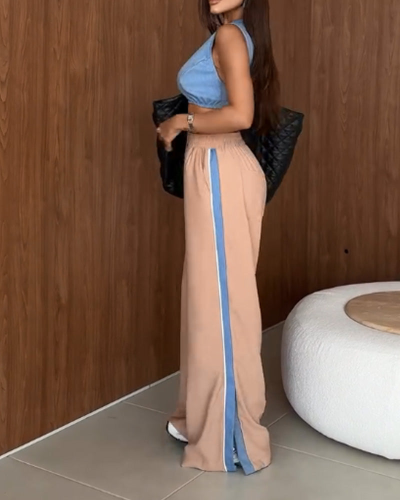 Stand collar casual sleeveless solid color two piece suit