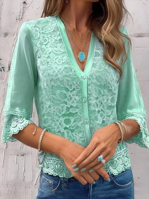 Women's Half Sleeve Lace Edge Shirt Summer Light Blue V Neck Going Out Top