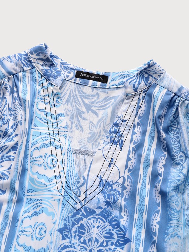 JFN V Neck Tribal Vacation 3/4 Sleeve Boho Blouse