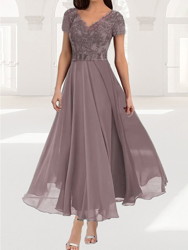 Women's Short Sleeve Summer Plain Lace Chiffon V Neck Tea Party Wedding Guest Mother of the Bride Elegant Maxi Formal A-Line Dress Green Purple Blue