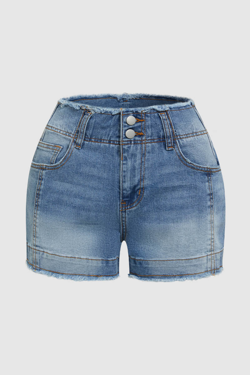 Raw Trim Ripped Dual Button High Waist Denim Shorts