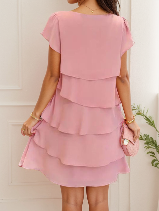 Women's Short Sleeve Summer Plain Folds Chiffon Crew Neck Party Going Out Simple Midi H-Line Pink Dress