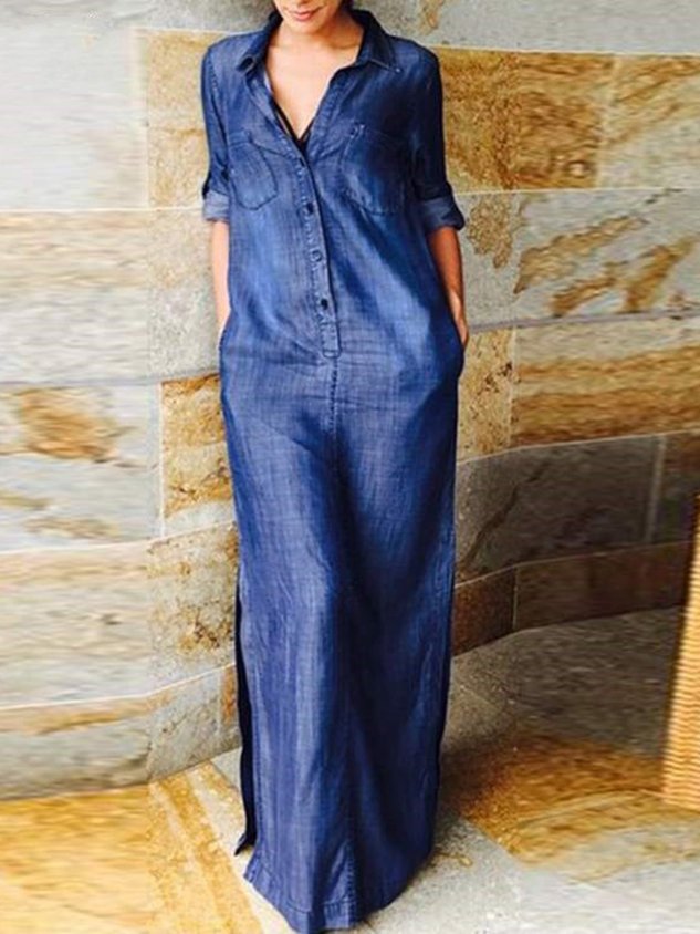 Lässig Unifarben Reverskragen Rollen Tab Ärmel Weit Schlitz Maxikleid Blusenkleid