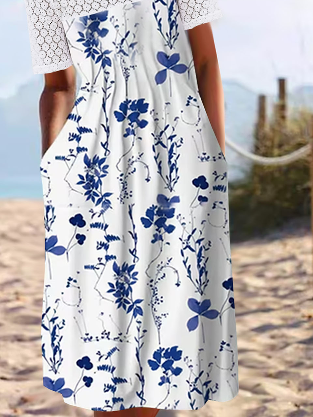 Lässig Blumenmuster Patchwork Spitze Rundhals Kleid