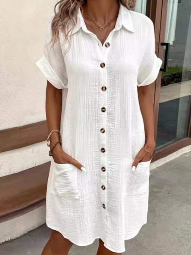 Women's Short Sleeve Summer Plain Shirt Collar Daily Going Out Casual Short A-Line Shirt Dress Dress White
