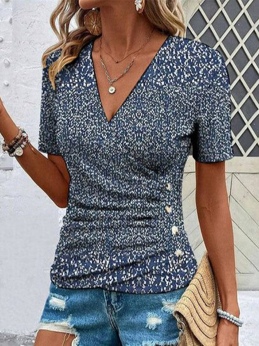 Women's Short Sleeve Blouse Summer Floral V Neck Daily Going Out Casual Top Dark Blue
