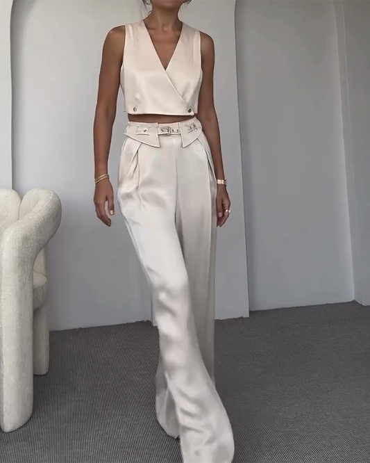 V-neck Top and Pants Two-piece Set Including Belt