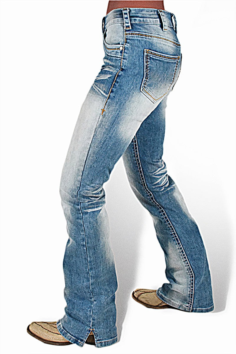 Washed Stretchy Split Hem Mid Rise Bootcut Jeans