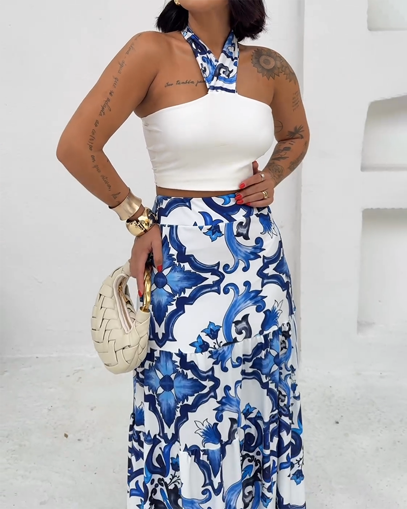 Halter Neck Top and Skirt Print Two Piece Set