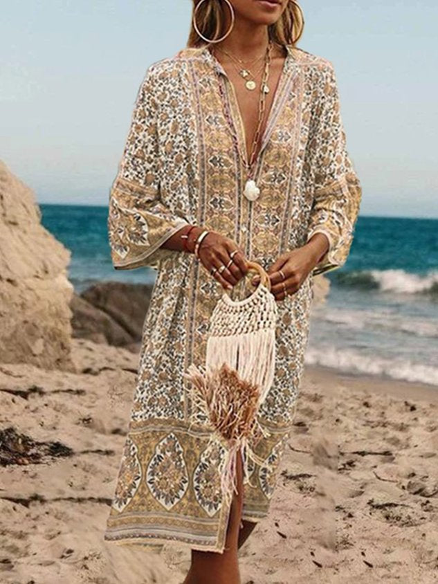 5 Farben Sommer Bohemien Stil V-Ausschnitt Sexy Print Weberei Kleid