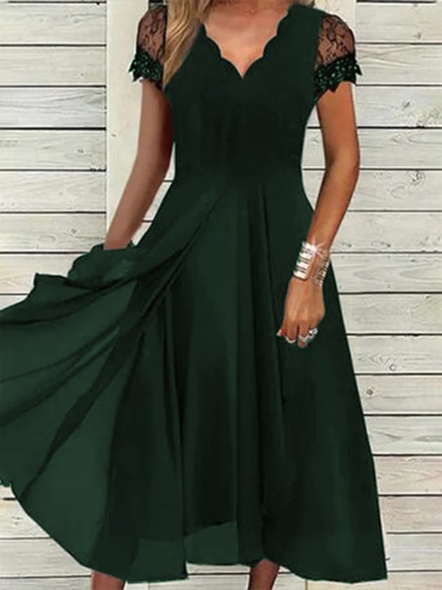 Lässig V-Ausschnitt Unifarben Weit Kurzarm Kleid