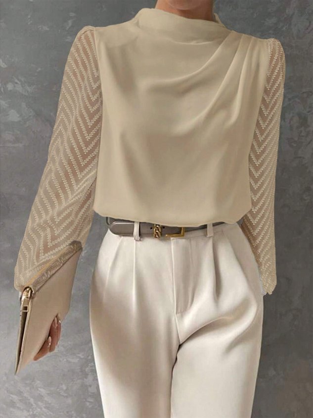 Women Mock Neck Mesh Long Sleeve Elegant Blouse