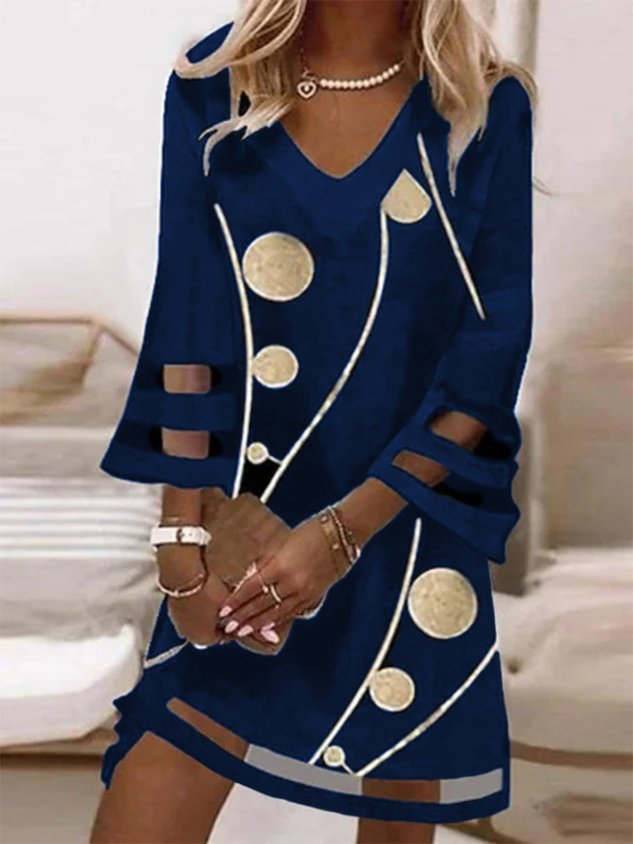 Lässig Geometrisch V-Ausschnitt 3/4 Ärmel Weit Kleid