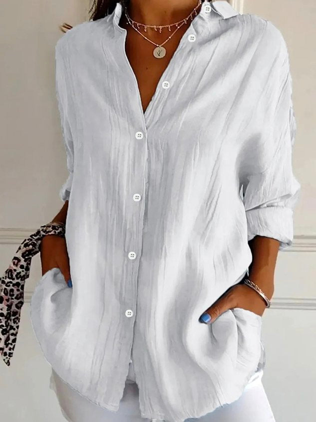 Women's Long Sleeve Shirt Spring/Fall Plain Cotton Shirt Collar Daily Going Out Casual Top Black