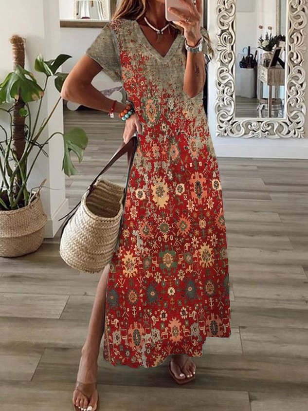 Ethnisch Lässig Retro V-Ausschnitt A-Linien Schlitz Kurzarm Kleid