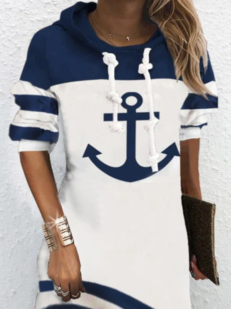 JFN Boat Anchor Printed Casual Long Sleeve Hooded Nautical Dress