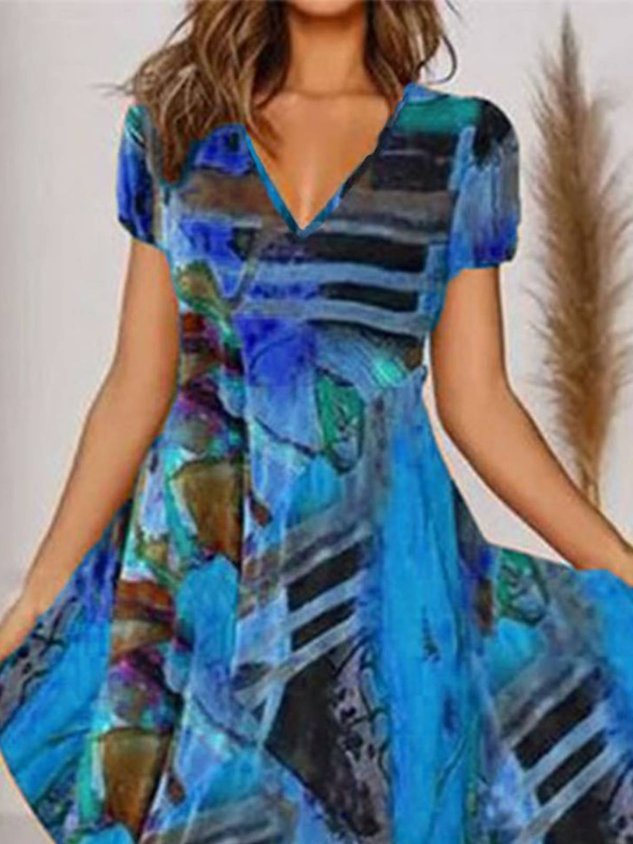 Böhmisch Print V-Ausschnitt Geblümt Weberei Kleid