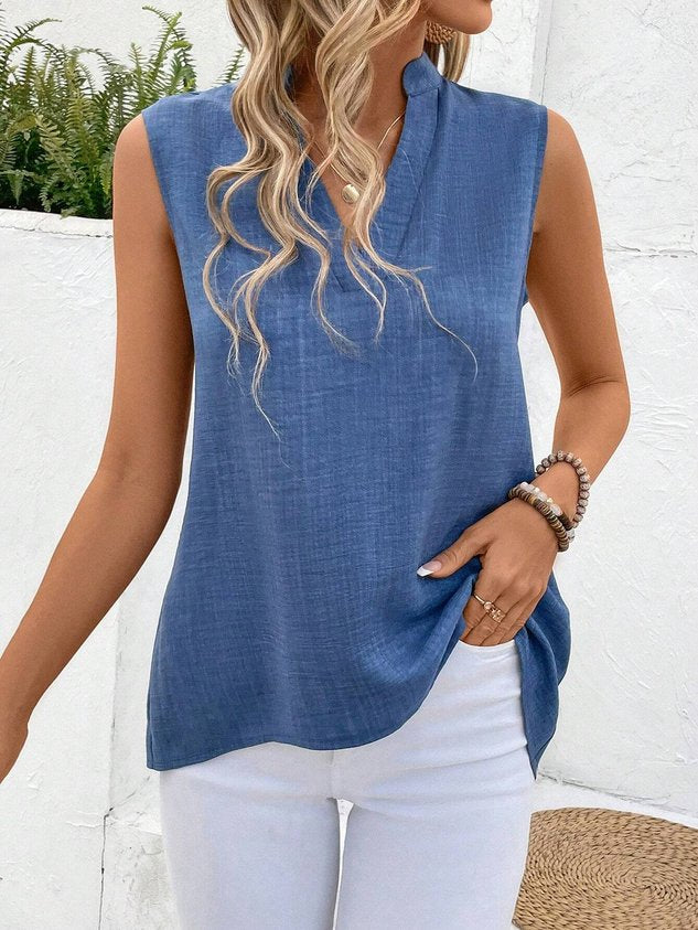 V Neck Buttoned Simple Tunic Tank Top Blouse