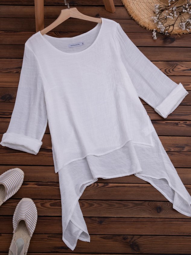 JFN Cotton-blend Round Neck Solid Hi-Lo Basic Tunic Top