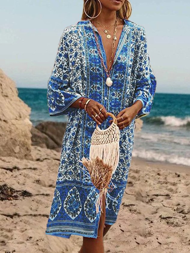 5 Farben Sommer Bohemien Stil V-Ausschnitt Sexy Print Weberei Kleid