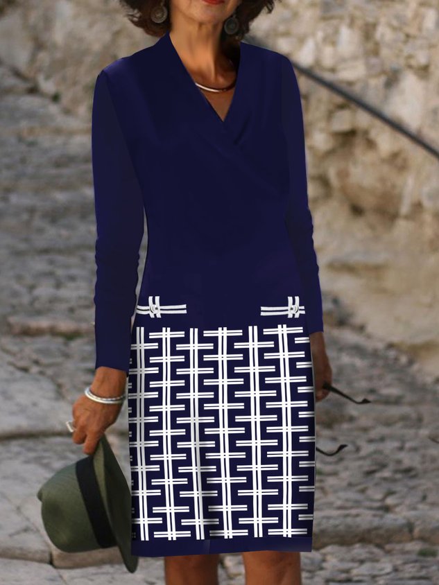 Patchwork Geometrisch Print V-Ausschnitt Strick Kleid
