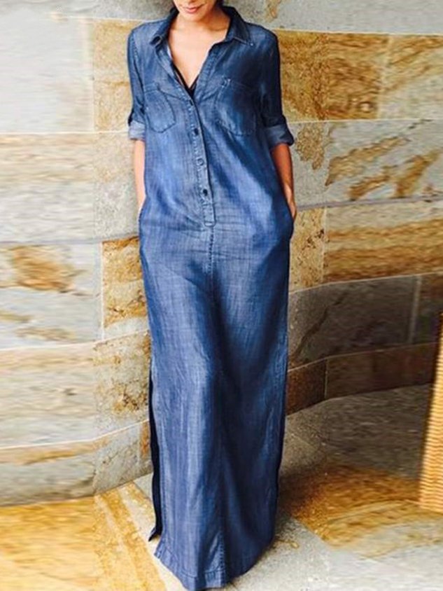 Lässig Unifarben Reverskragen Rollen Tab Ärmel Weit Schlitz Maxikleid Blusenkleid