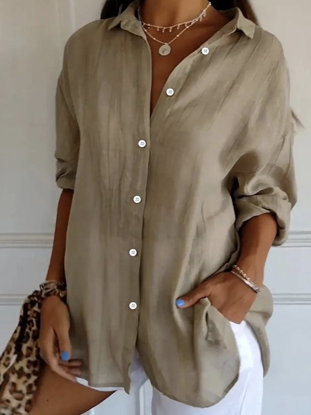 Women's Long Sleeve Shirt Spring/Fall Plain Cotton Shirt Collar Daily Going Out Casual Top Black
