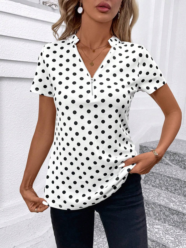 Women's Short Sleeve Blouse Summer Dark Blue Polka Dots Zipper V Neck Going Out Top