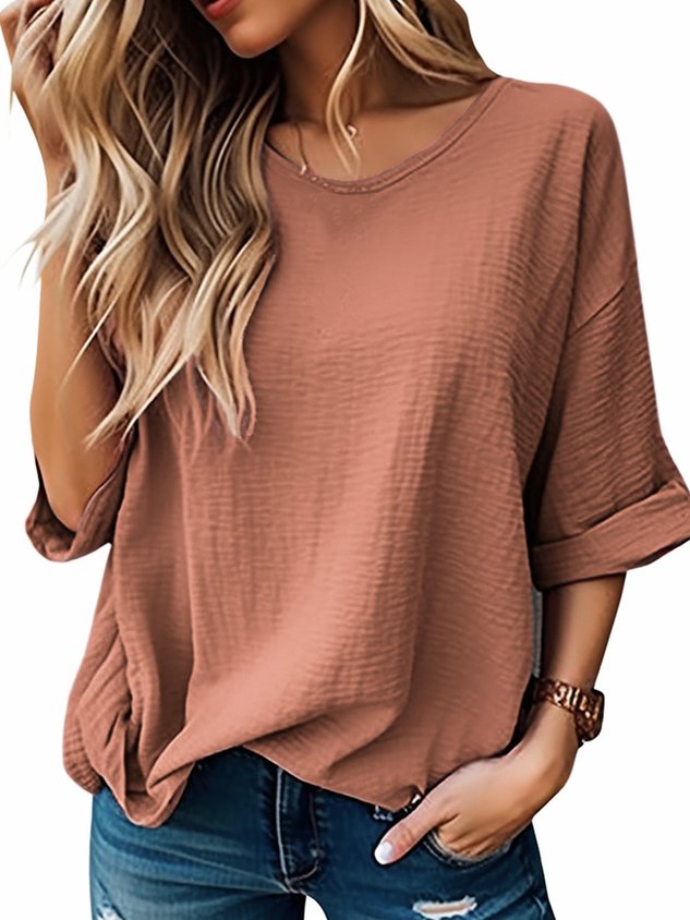 Women's 3/4 Sleeve Blouse Summer Plain Crew Neck Daily Going Out Casual Top Blue