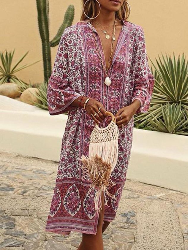 5 Farben Sommer Bohemien Stil V-Ausschnitt Sexy Print Weberei Kleid
