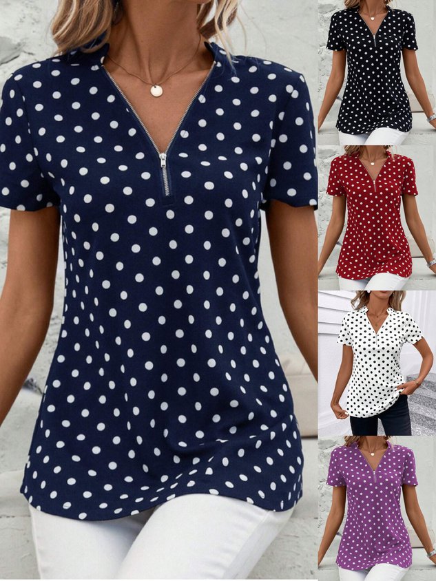 Women's Short Sleeve Blouse Summer Dark Blue Polka Dots Zipper V Neck Going Out Top
