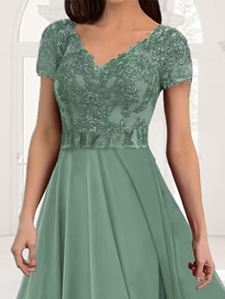 Women's Short Sleeve Summer Plain Lace Chiffon V Neck Tea Party Wedding Guest Mother of the Bride Elegant Maxi Formal A-Line Dress Green Purple Blue