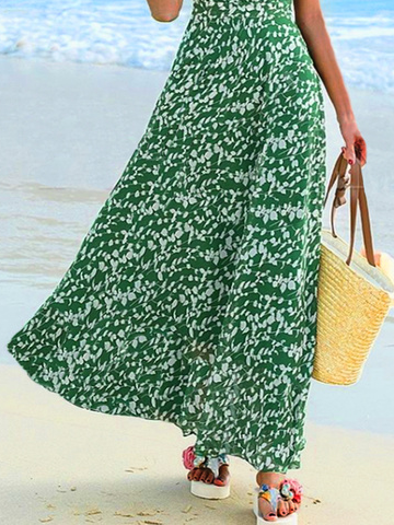 Düster Geblümt Kurzarm V-Ausschnitt Urlaub Lang Kleid