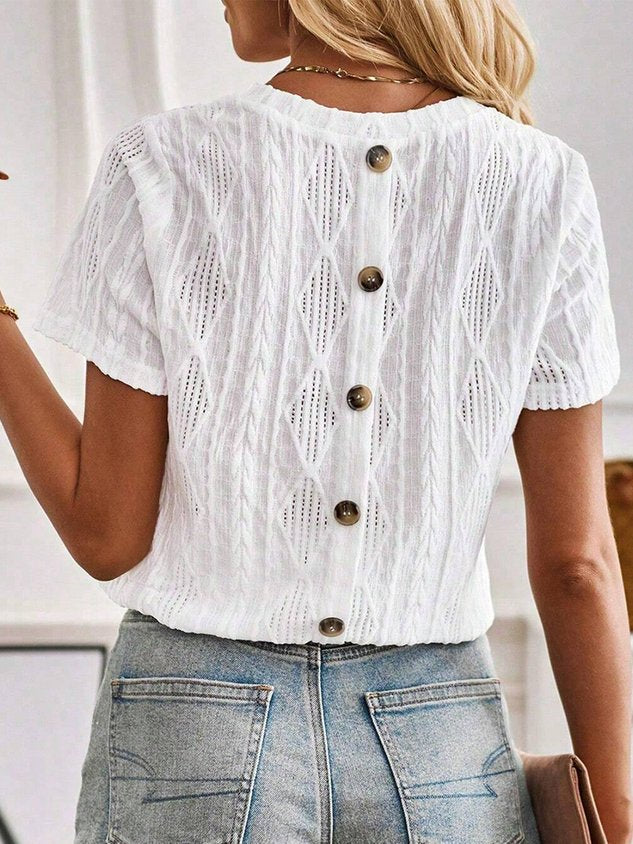 Buttoned Simple Plain Crew Neck Blouse