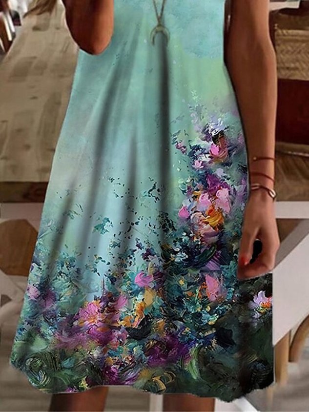 Geblümt V-Ausschnitt Spitze Lässig A-Linien-Kleid
