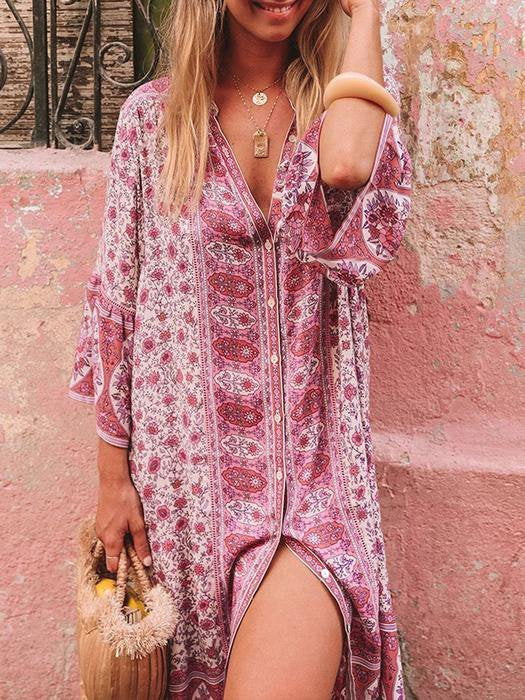 5 Farben Sommer Bohemien Stil V-Ausschnitt Sexy Print Weberei Kleid