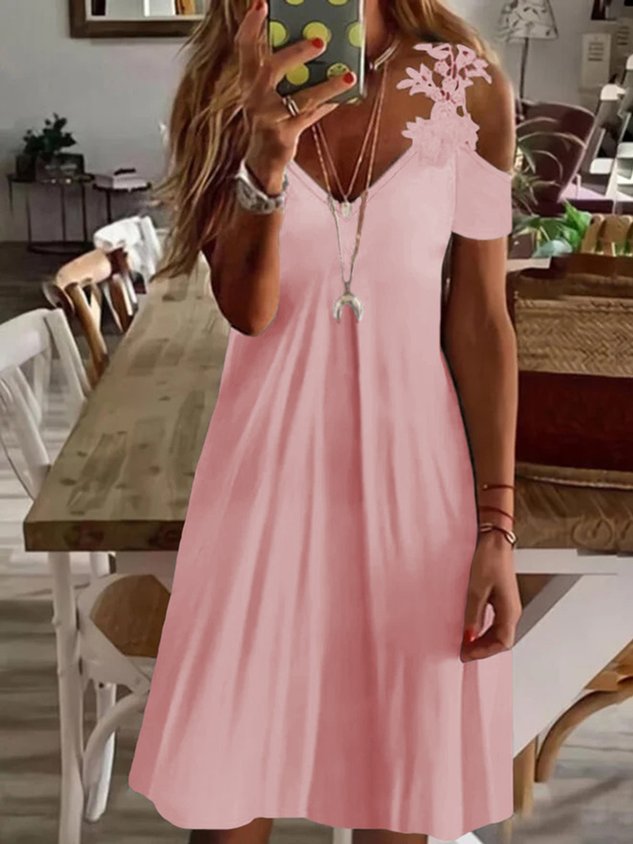 Lässig Kurzarm V-Ausschnitt Kleid