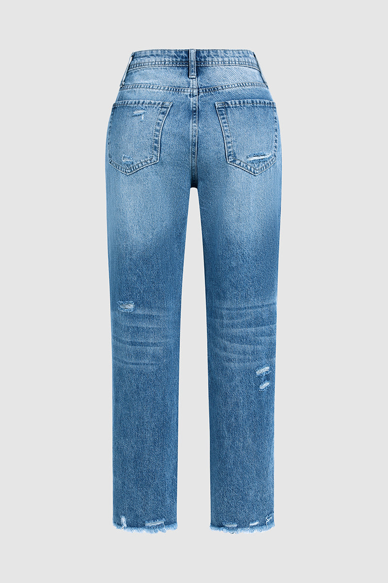 Jeans rasgados com bainha crua e cintura média e perna reta