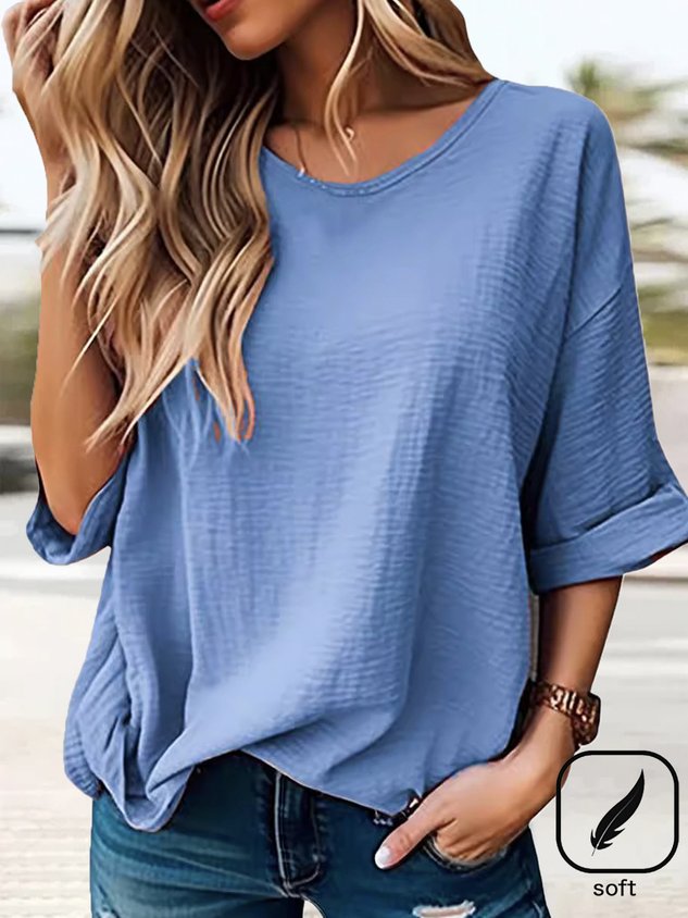 Women's 3/4 Sleeve Blouse Summer Plain Crew Neck Daily Going Out Casual Top Blue