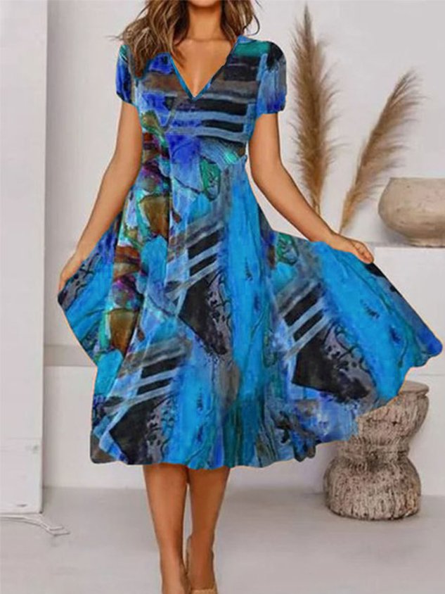 Böhmisch Print V-Ausschnitt Geblümt Weberei Kleid