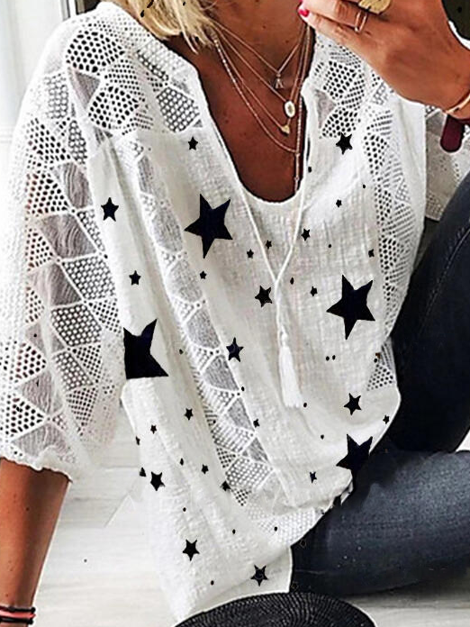 Star  Half Sleeve Shift V Neck Holiday Tops