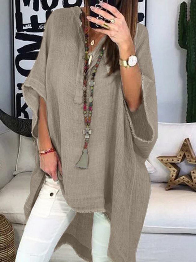 JFN V Neck Solid Hi-Lo Basic Blouse